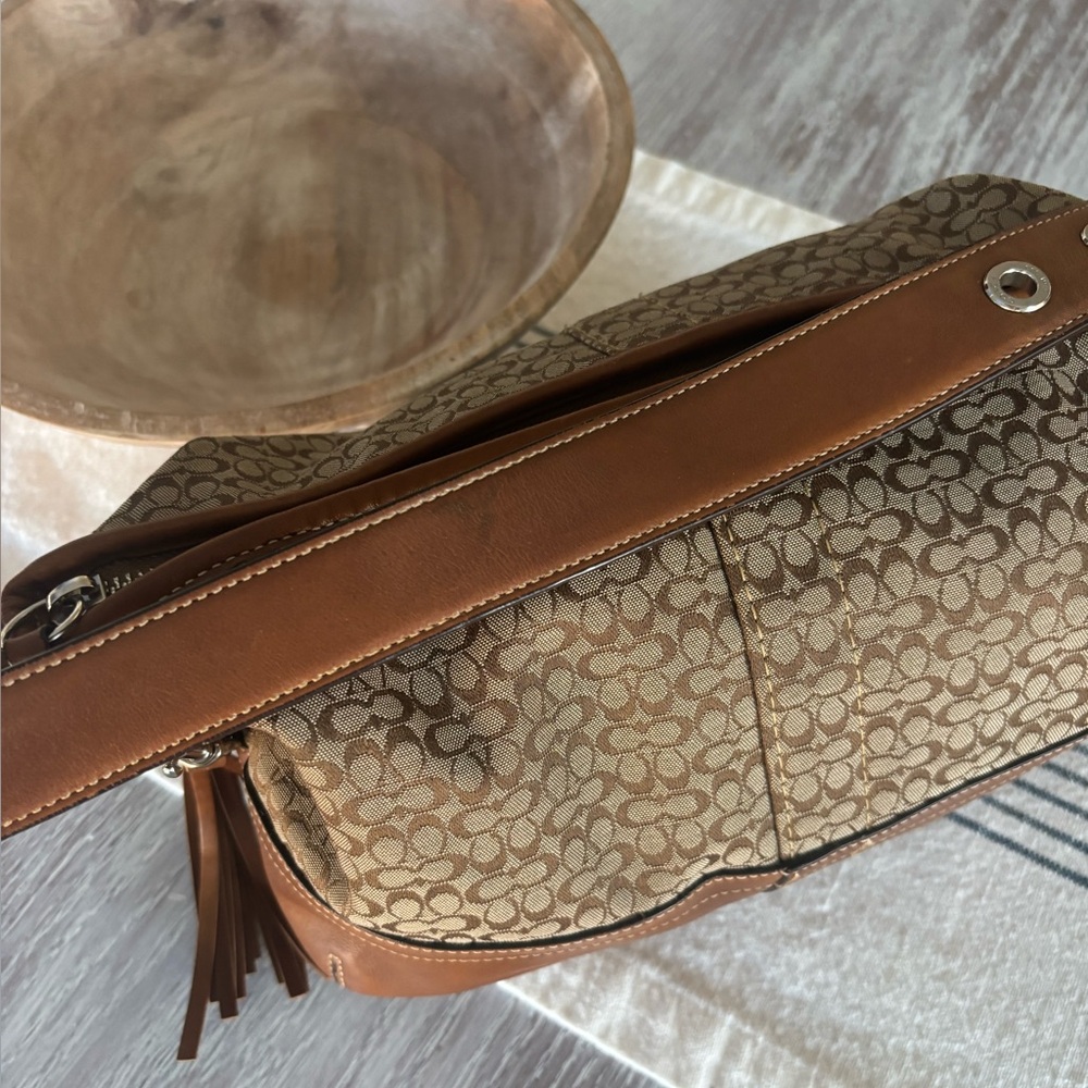 🍃🦋 Vintage Coach Signature Canvas Leather Shoulder Hobo Mini Duffle Bag - Picture 3 of 15